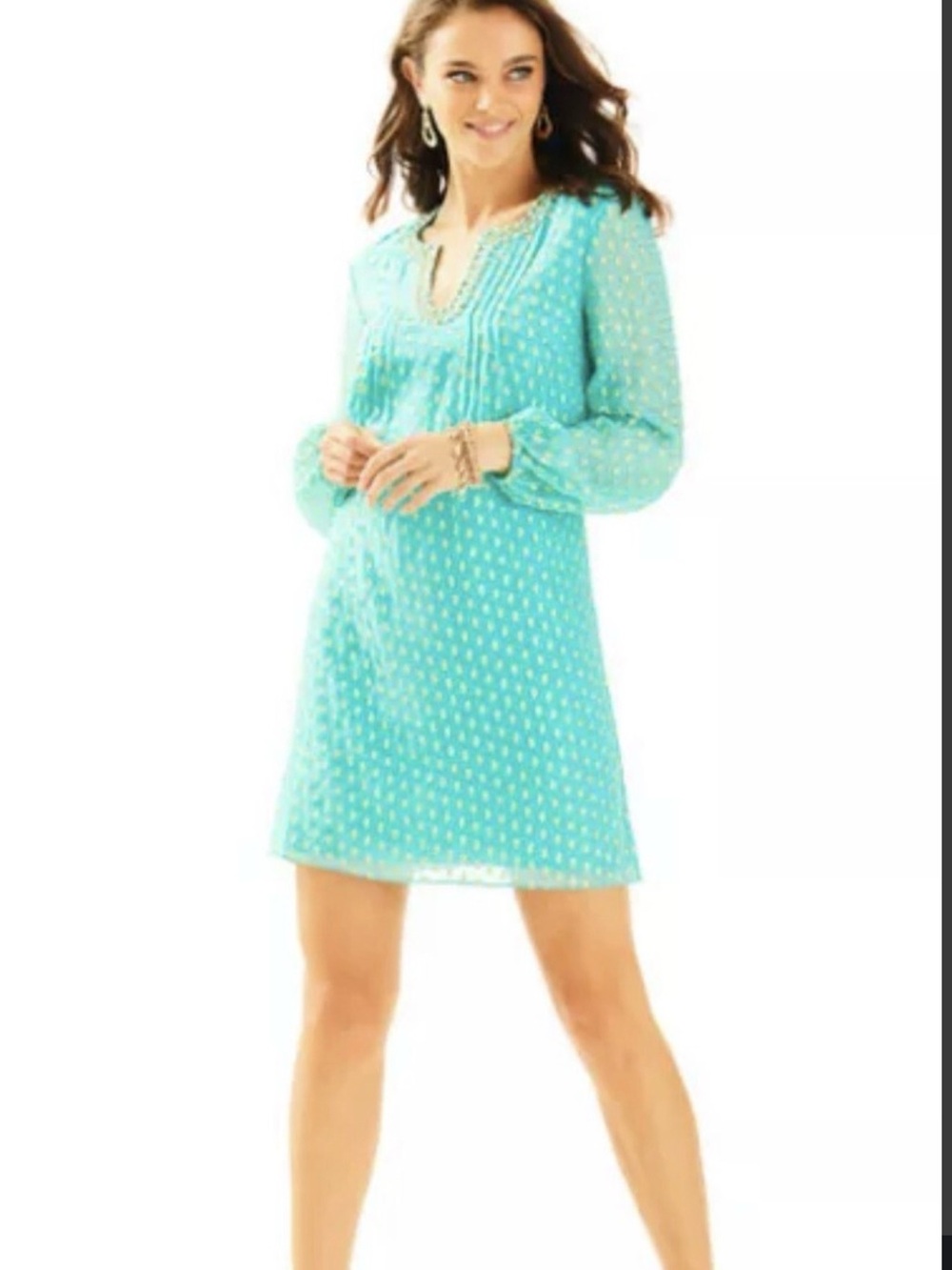 Lilly Pulitzer Colby Silk Mint Green Long-Sleeve Tunic dress with Gold Accents. - Picture 5 of 9